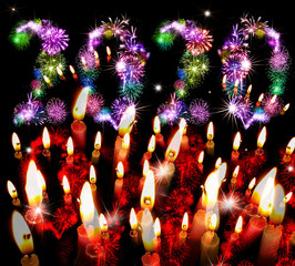2020 New Year and burning candles against black background. Two thousand twenty. Numbers are made...