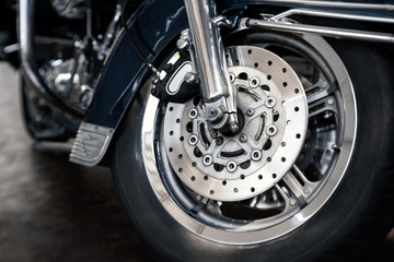 details of big bike disc brake, shallow depth of field