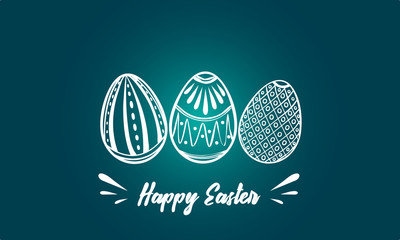 Happy Easter card with copy space. Easter eggs vector illustration on the blue background. Three painted easter eggs.