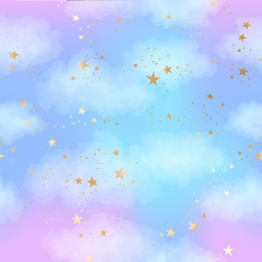 Fototapety  Bezszwowy jasny niebieski i liliowy wzór nieba ze złotymi konstelacjami, gwiazdami i akwarelowymi chmurami