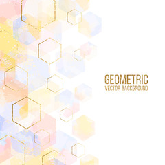 Geometric template illustration with gold and watercolor polygons on white. Hexagon abstract background