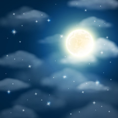 Obraz premium Night background with moon, stars and clouds on dark blue sky