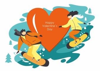 Snowboarders love. Happy Valentine's Day. Love and winter sport in flat style