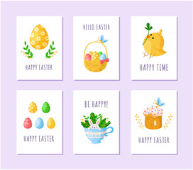 Fototapeta premium Easter Day eggs, little cartoon chicken, sweet cake, happy cute rabbit in tea cup, wooden basket with easter eggs, green branches, ready vector greeting cards or posters set, holiday decor