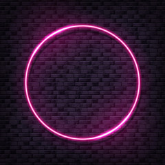 Vector brick wall illustration with pink neon lamp. Glowing circle bulb background