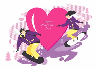 Snowboarders love. Happy Valentine's Day. Love and winter sport in flat style
