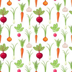 Seamless pattern with carrot, onion, garlic, radish, beet root vegetables on white background