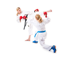 Cute blonde girls training karate