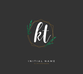 Handwritten initial letter K T KT for identity and logo. Vector logo template with handwriting and signature style.