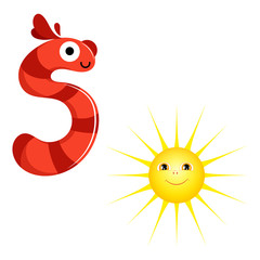 Vector cute kids cartoon alphabet. Letter S with sun isolated on the white background. Flat style. Vector illustration