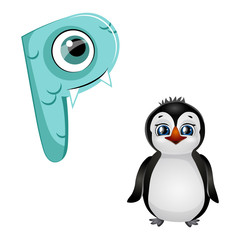 Vector cute kids cartoon alphabet. Letter P with penguin isolated on the white background. Flat style. Vector illustration