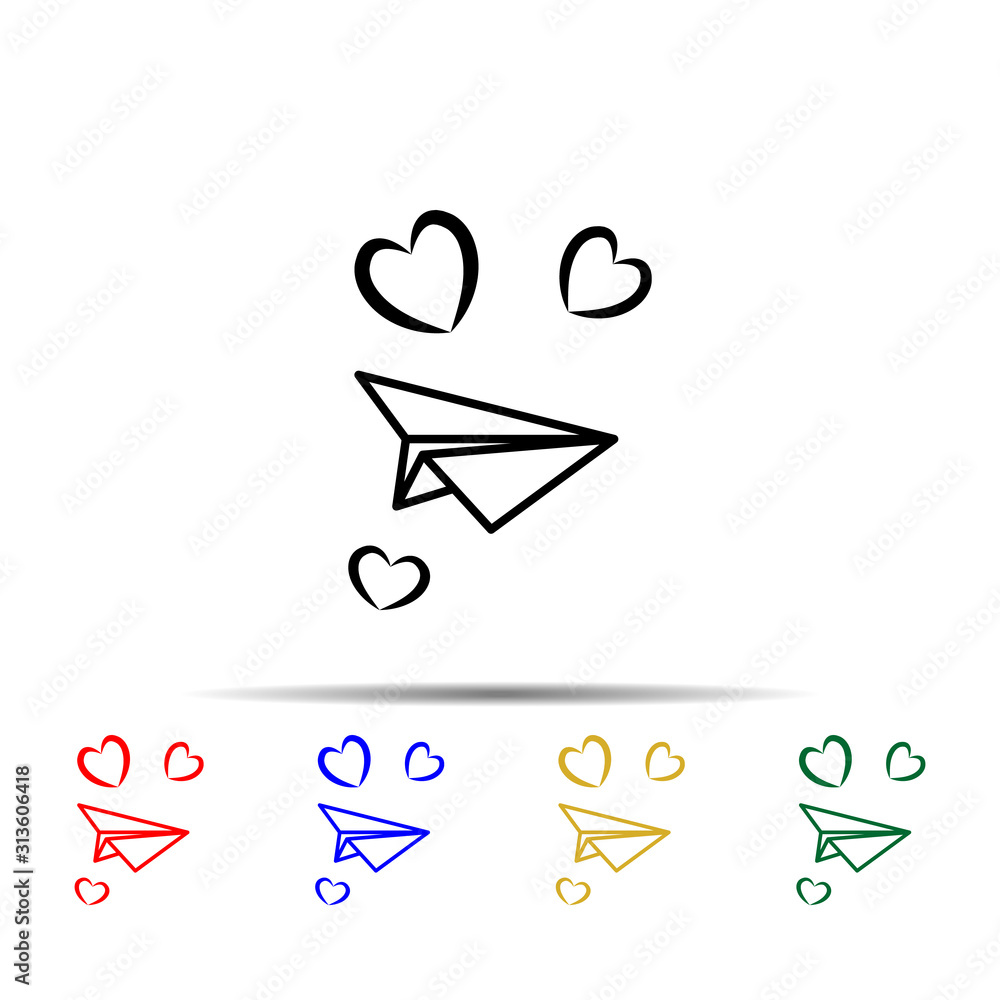 Poster paper airplane with hearts multi color style icon. simple thin line, outline vector of wedding icons