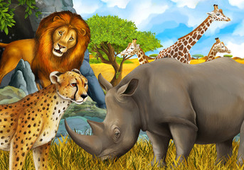 cartoon scene with giraffes rhinoceros rhino and cheetah on the meadow near some mountain safari illustration for children © honeyflavour
