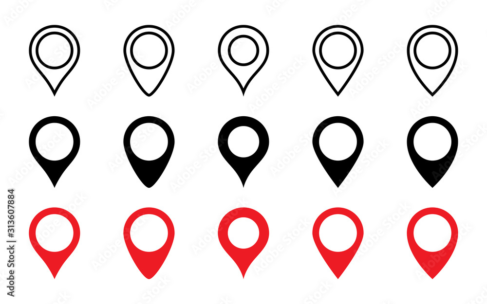 Poster location pins collection. set of map pins different shape and design. tags symbol. red and black poi