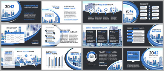 City Background Business Company Presentation with Infographics Template. - obrazy, fototapety, plakaty