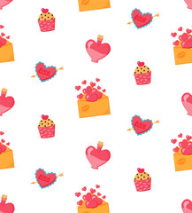 Seamless pattern of Valentine's Day. Cartoon flat style. Isolated on white background. Printing on fabric, napkins, packaging, wrappers, gifts, bookends.