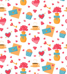 Seamless pattern of Valentine's Day. Cartoon flat style. Isolated on white background. Printing on fabric, napkins, packaging, wrappers, gifts, bookends.