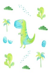 Watercolor card with cute cartoon dinosaurs. Illustration with prehistoric characters, plants