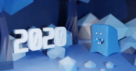 3d illustration of a cute little cartoon blue monster sitting in the forest with 2020. Concept art character of smiling ice mutant. Alien creature. Funny monster cube with four teeth