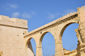 Fort St Angelo (Forti Sant Anglu), located at Birgu Waterfront, Malta, Vittoriosa bay of the Mediterranean sea - 313609019
