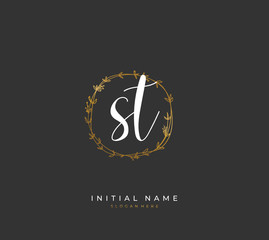 Handwritten initial letter S T ST for identity and logo. Vector logo template with handwriting and signature style.