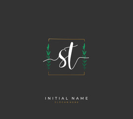 Handwritten initial letter S T ST for identity and logo. Vector logo template with handwriting and signature style.