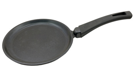 Round cast iron griddle pan isolated on white