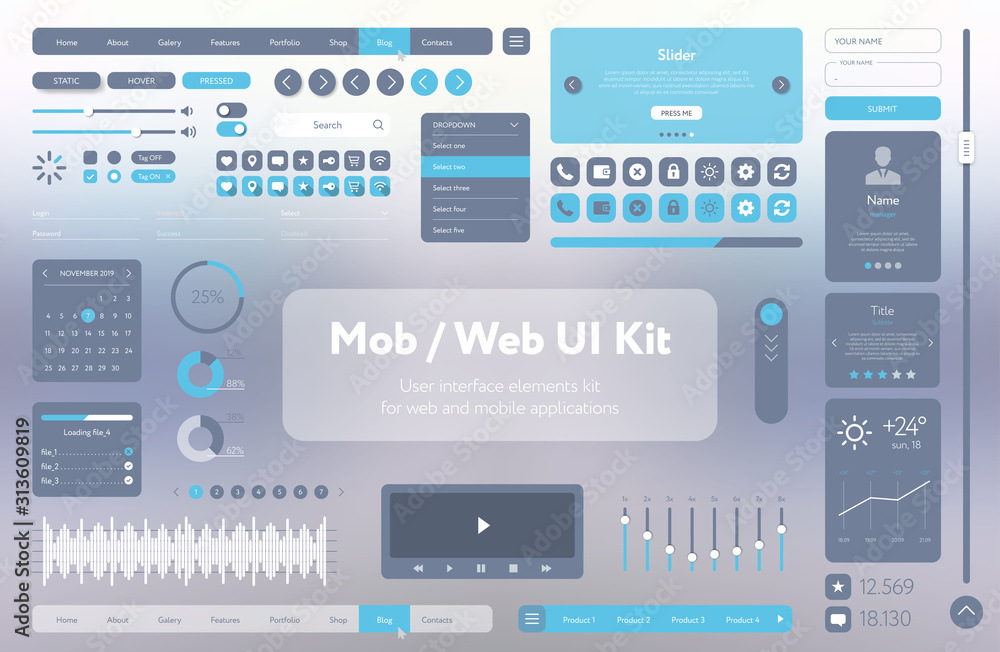 Fototapete universal user interface template with responsive design, tools and buttons. vector ui ux kit for mo