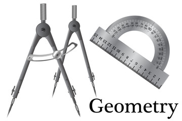 Metal compass for use in drawing works and geometry lessons, schoolchildren and students in educational institutions, compass, protractor - a set of pupils. - obrazy, fototapety, plakaty