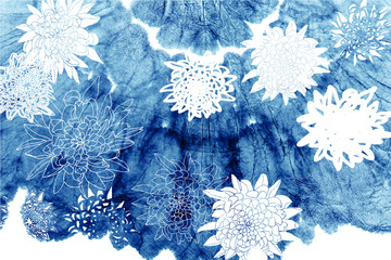 Vector chrysanthemum flowers on abstract indigo tie dye background. Hand drawn florals  on blue decorative texture. Clipping mask is used for further easy editing.
