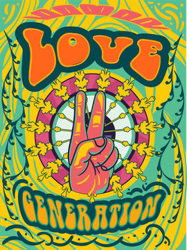 Bright psychedelic Love Generation cover design with hand giving the peace sign and colorful text on green and yellow abstract pattern, vector illustration