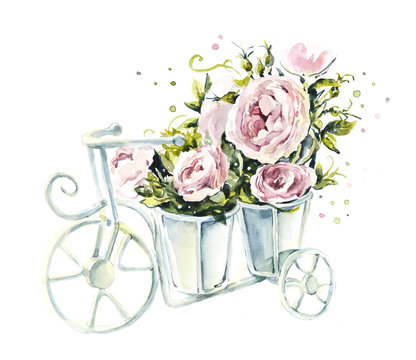 Pattern from pink rose on the bycicle. Wedding drawings. Watercolor painting. Flower backdrop. Greeting cards.