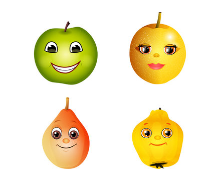 Set icons of fruits consisting of the apple, ximenia, pear and quince isolated on white background. Flat style. Vector illustration