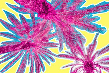 Palm trees on yellow sky background in tie dye style. Tropical travel concept. Surreal art collage