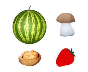 Set Icons Of Watermelon, Mushroom, Walnut, Strawberry Isolated On White Background. Flat style. Vector illustration
