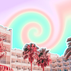 Palm trees and hotels on psychedelic colorful sky background in tie dye style. Tropical travel concept. Surreal art collage