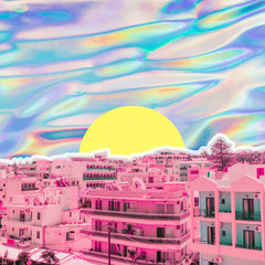 City view on psychedelic colorful sky background in holographic style. Tropical travel concept. Surreal art collage - 313611274