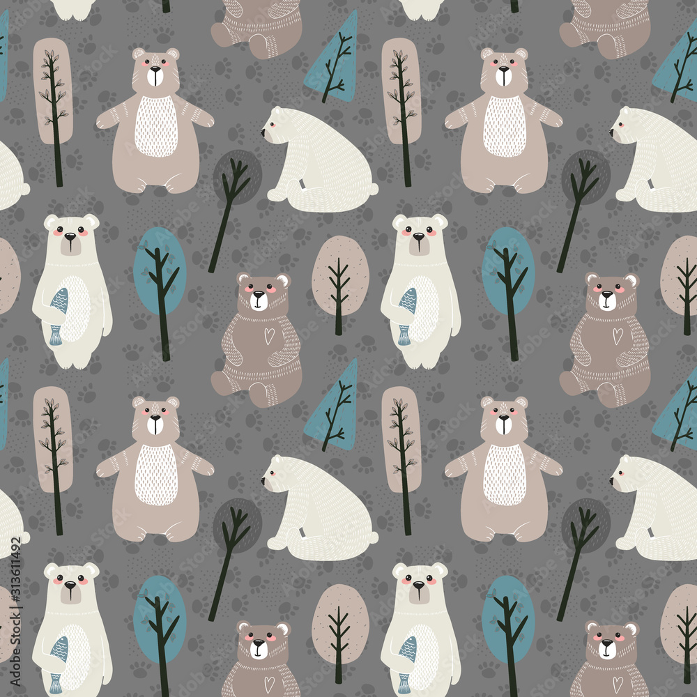 Poster seamless pattern with cute bears and different elements. vector illustration in scandinavian style