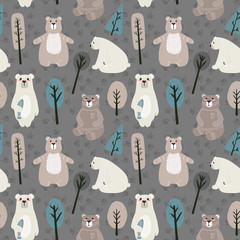 Seamless pattern with cute bears and different elements. Vector illustration in scandinavian style