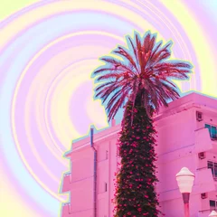 Fototapeten Lila Palm tree and part of hotel on psychedelic colorful sky background in tie dye style. Travel concept. Surreal art collage  © EkaterinaChebotareva