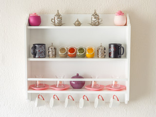 vintage kitchen shelf, spices and utensils