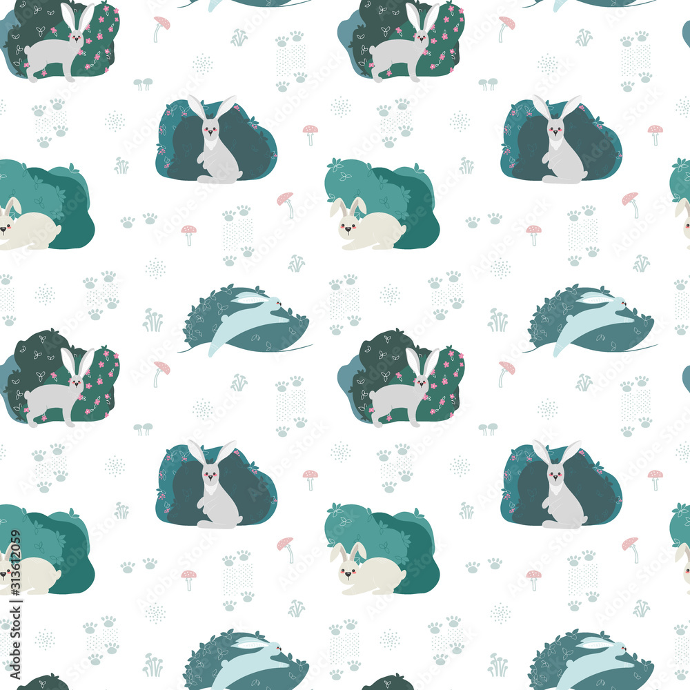 Poster seamless pattern with rabbit, hare and different elements. illustration hand drawn in scandinavian s