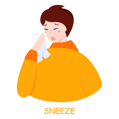 Man sneeze. Ill guy in a fever. Flu or cold symptom.