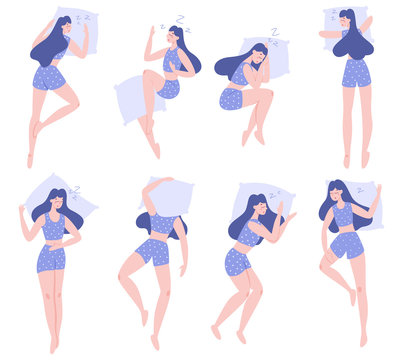 Set of woman sleep in different position. Female character in the bed