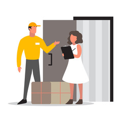 Obraz premium Delivery man with a purchase. Courier in uniform brings a box