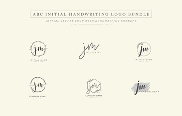 Initial letter J M JM bundle for identity and logo. Vector logo template with handwriting and signature style.