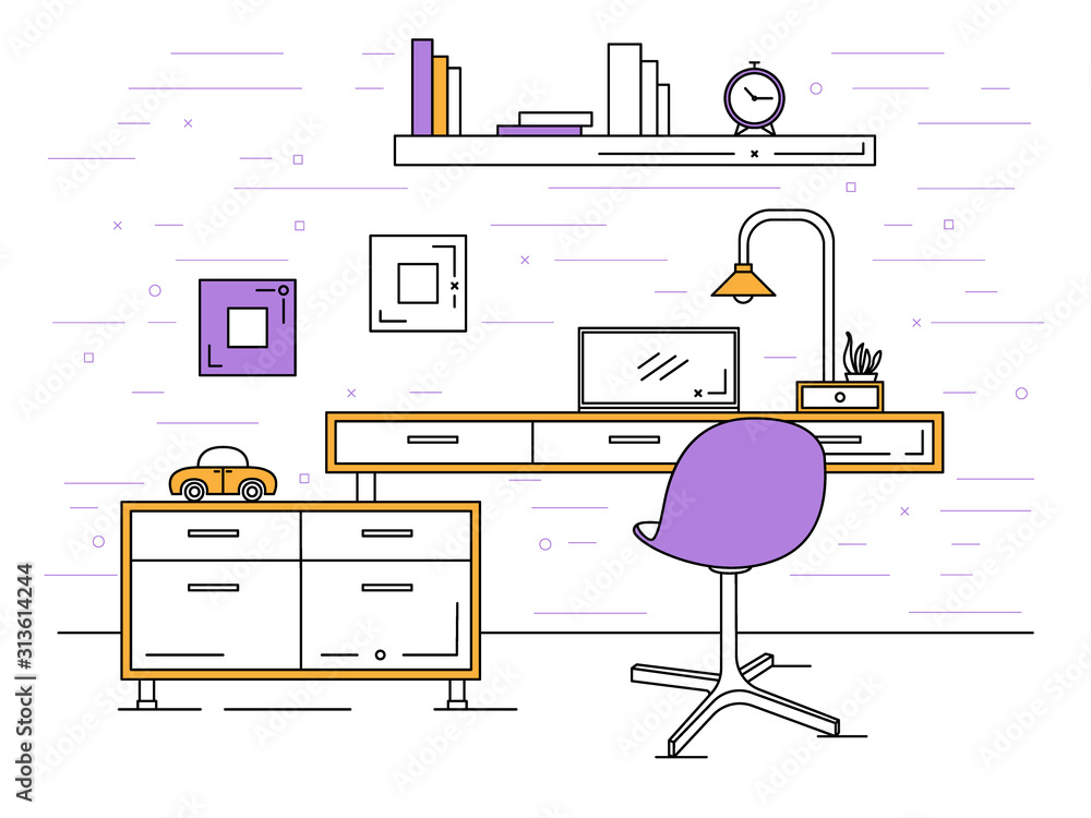 Poster office in a linear style. workplace with a computer.