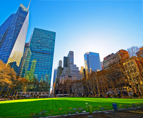 Skyline with skyscrapers and American cityscape in Bryant Park in Midtown Manhattan, New York, USA. United States of America. NYC, US.