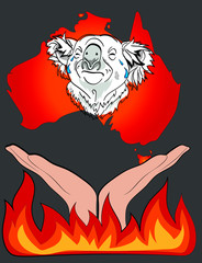 Koala crying on background of map of Australia. The forest is burning. Save the planet and animals. Australia is fire an environmental disaster. In the hands of man the life of animals