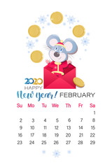 February calendar. Page design 2020. Mouse in a red envelope juggles with gold coins. Chinese New Year. Mouse symbols of the year. Vector illustration isolated on a white background.